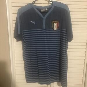 Puma Shirt Mens Large Blue Striped Short Sleeve Italia FIGC Soccer Henley Italy
